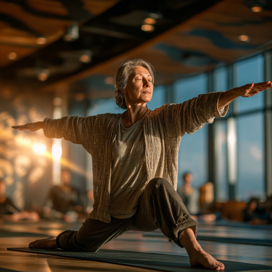 Пожилая женщина занимается йогой на природе