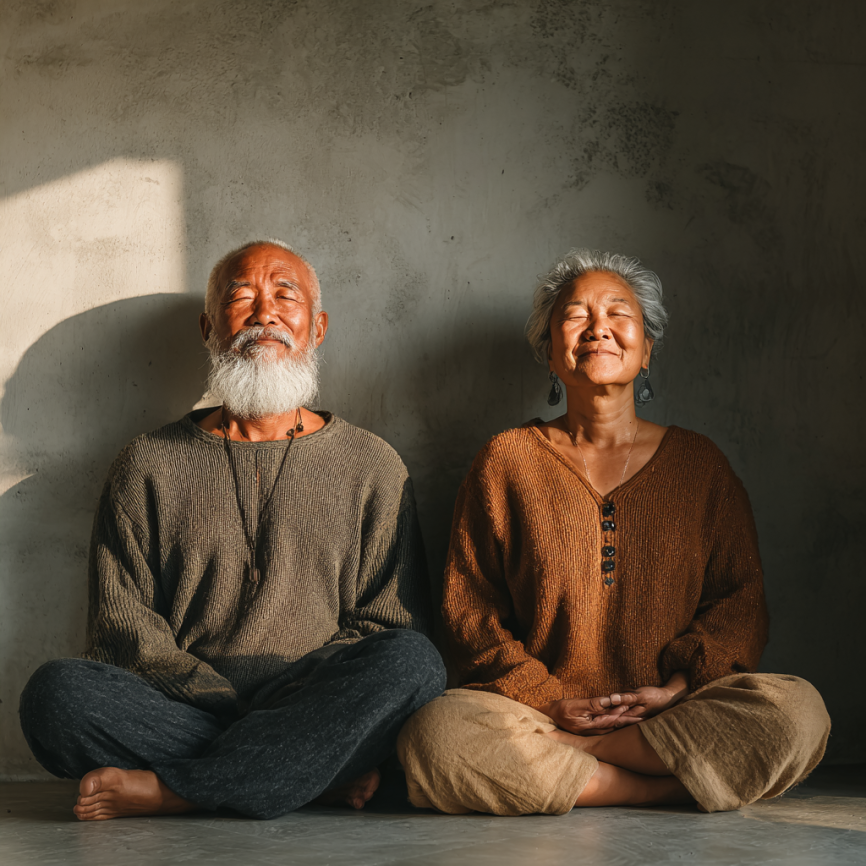 Группа пожилых людей практикует йогу в светлом зале