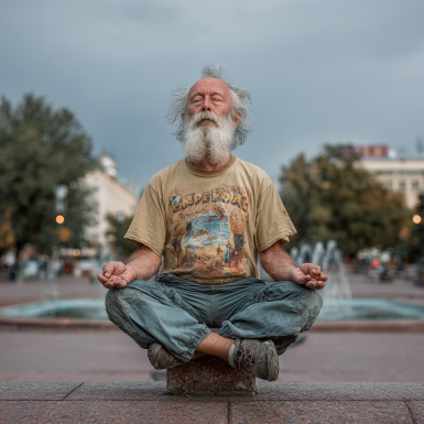 Пожилой мужчина в позе йоги на берегу озера